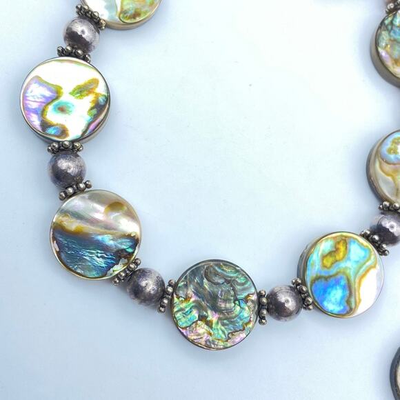 Sterling Silver Mother of Pearl Abalone Bracelet Earrings Jewelry Set - Picture 7 of 10